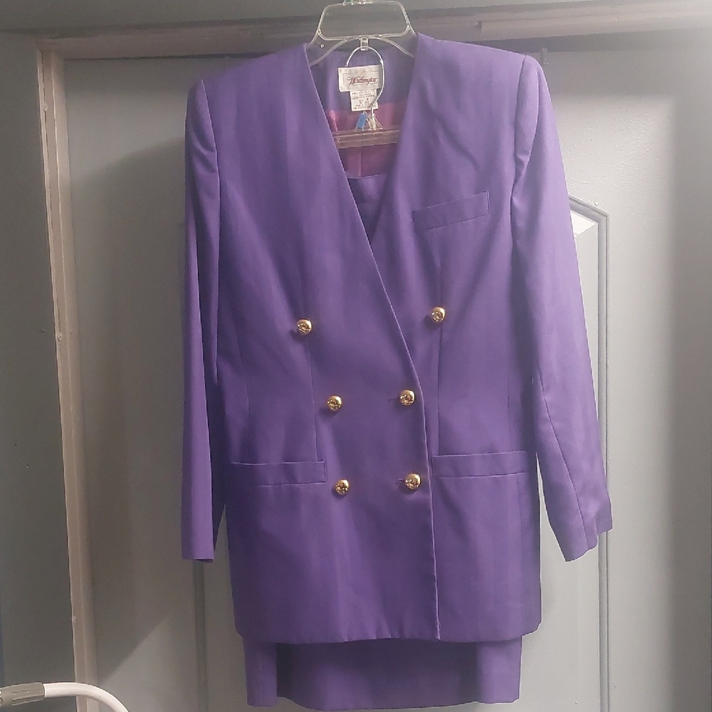 Worthington Purple Blazer with Gold Buttons. Skirt Has Two Pockets